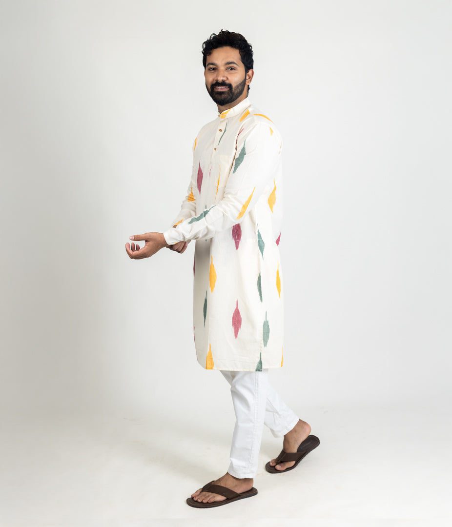 Ikat Cream Multicolor Mens Long Kurta