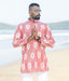 Ikat Coral Patterned Mens Short Kurta