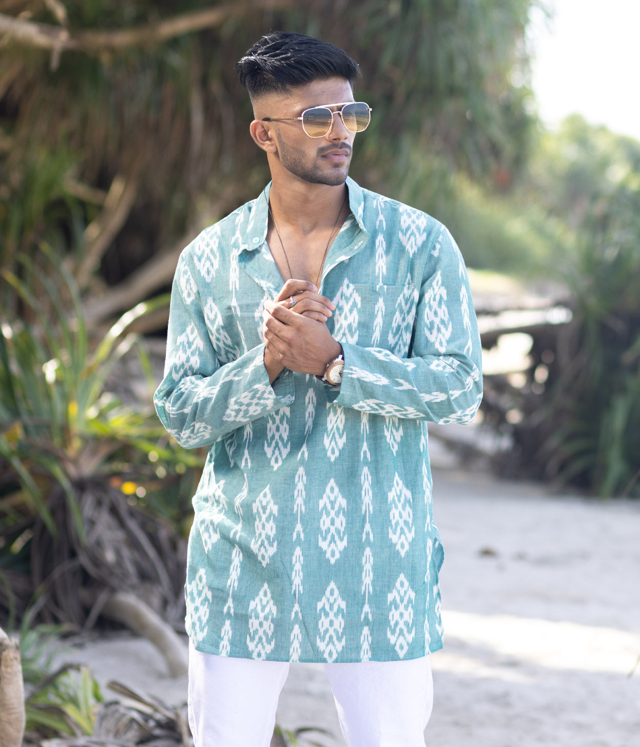 Ikat Green Patterned Mens Short Kurta Color Weave