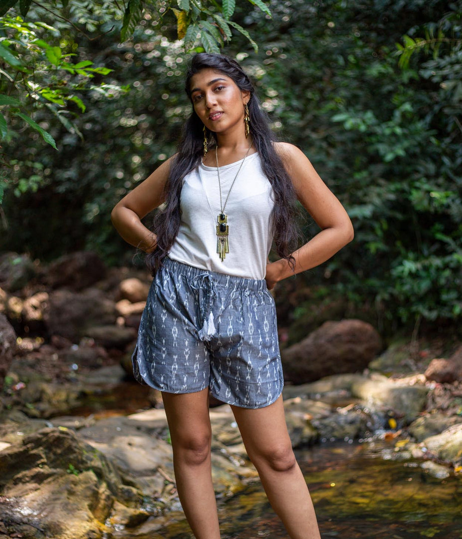 Grey-White Patterned Ikat Womens Shorts