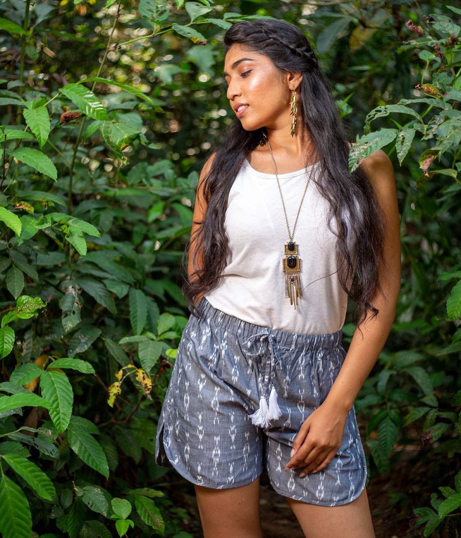 Grey-White Patterned Ikat Womens Shorts