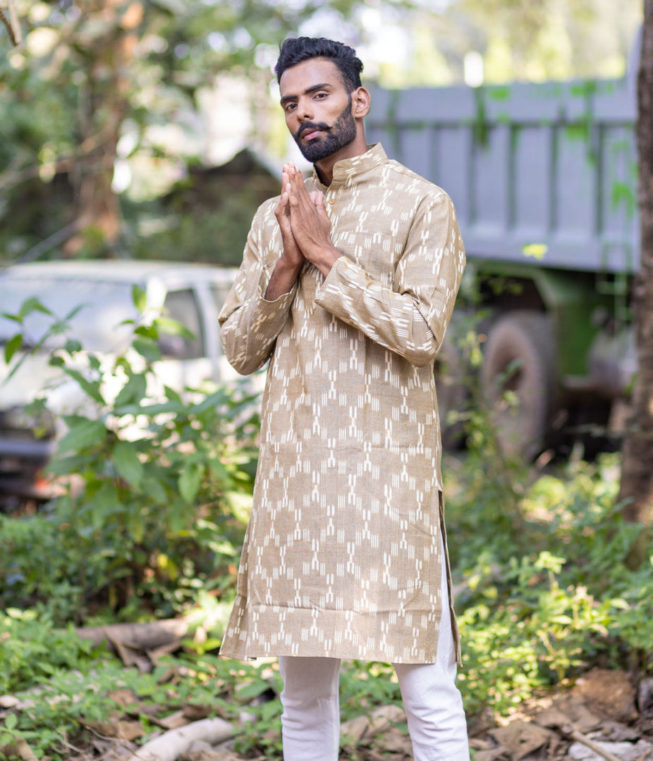 Ikat Beige Patterned Mens Long Kurta