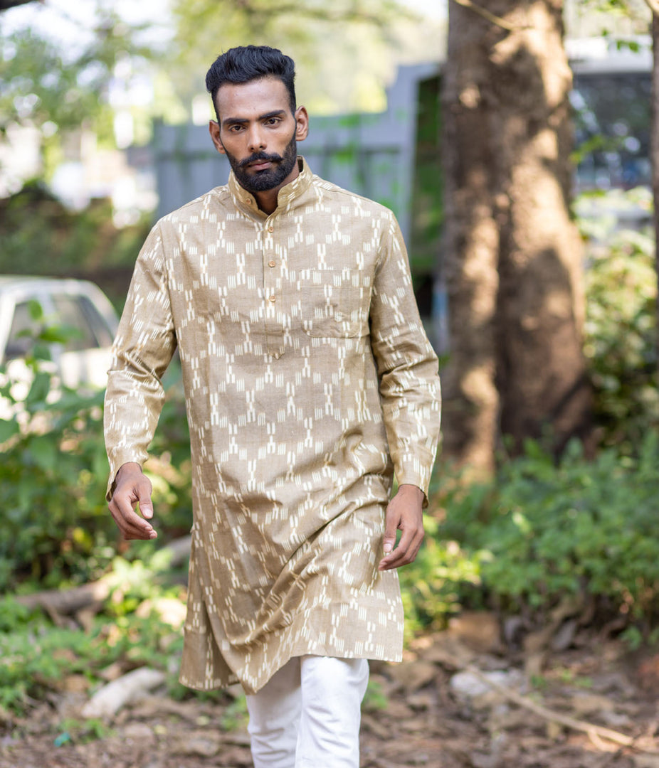 Ikat Beige Patterned Mens Long Kurta