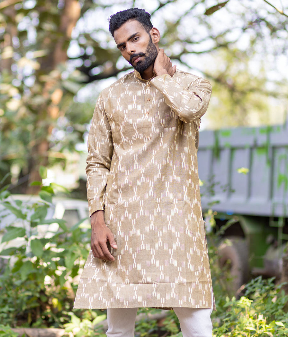 Ikat Beige Patterned Mens Long Kurta