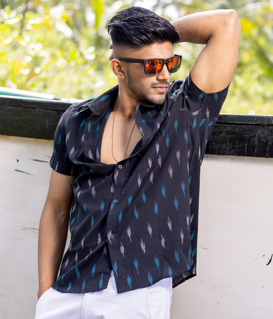Ikat Black Mens Short-Sleeved Shirt