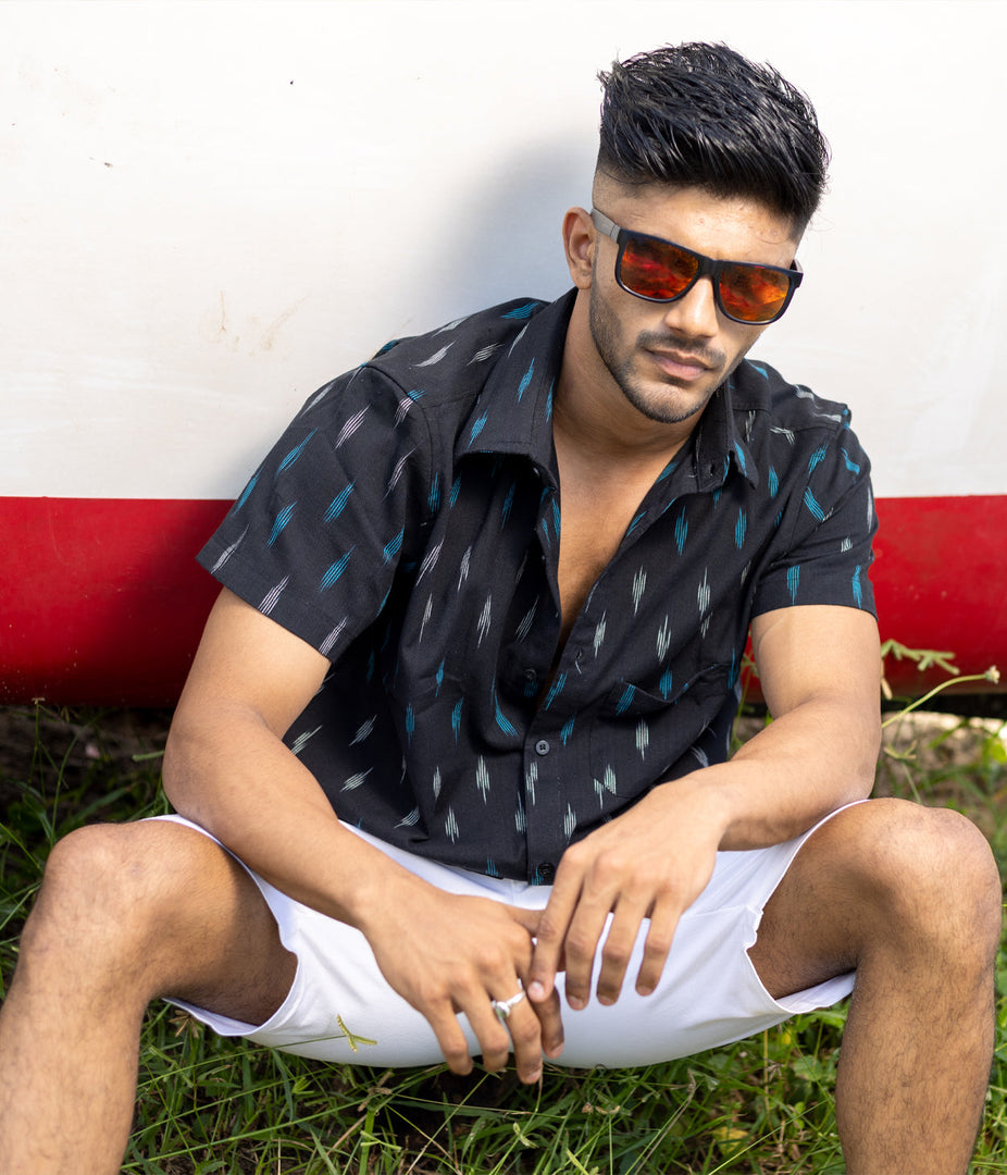 Ikat Black Mens Short-Sleeved Shirt