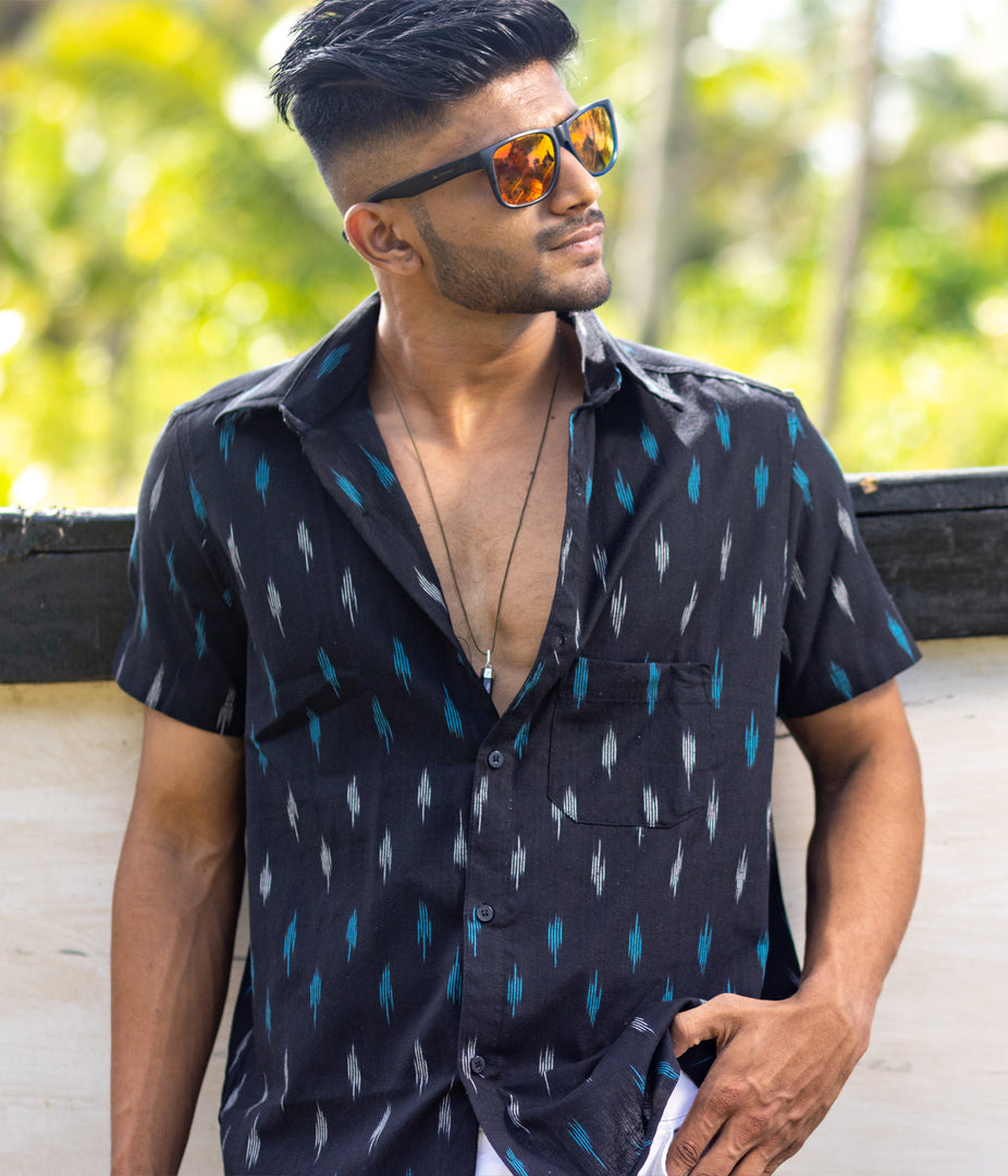 Ikat Black Mens Short-Sleeved Shirt