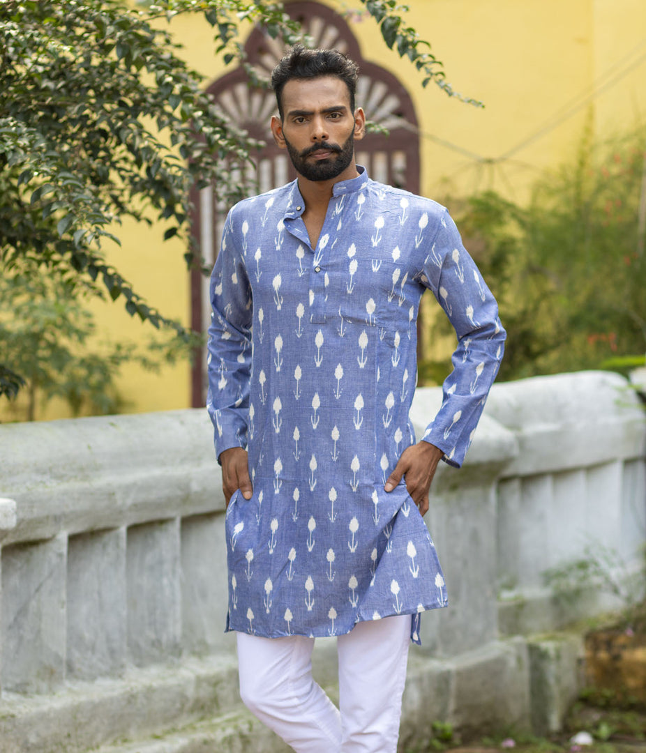 Ikat Blue Arrows Mens Long Kurta