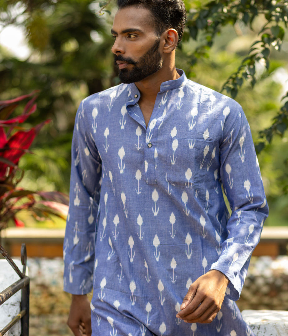 Ikat Blue Arrows Mens Long Kurta