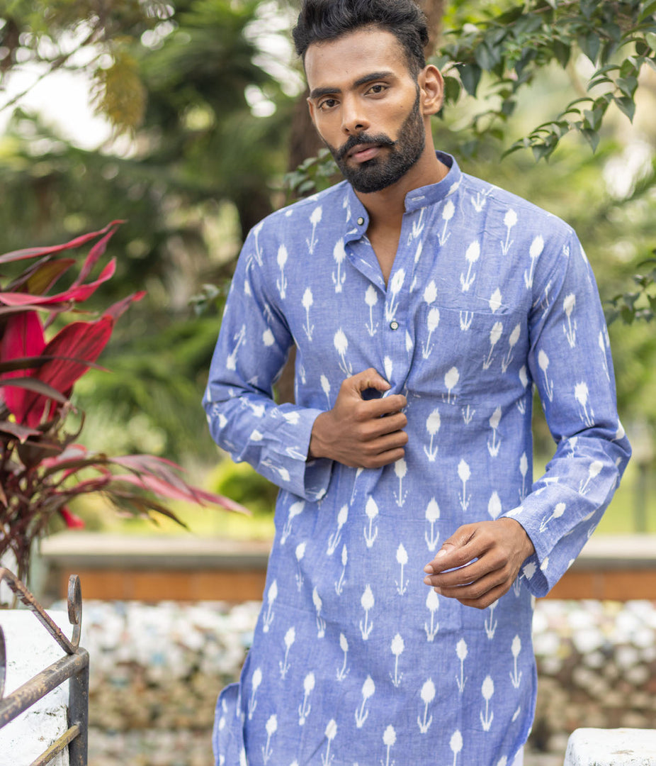 Ikat Blue Arrows Mens Long Kurta