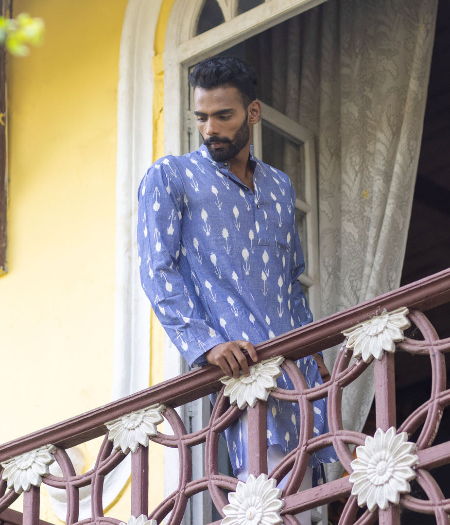 Ikat Blue Arrows Mens Long Kurta