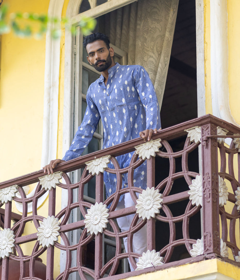 Ikat Blue Arrows Mens Long Kurta