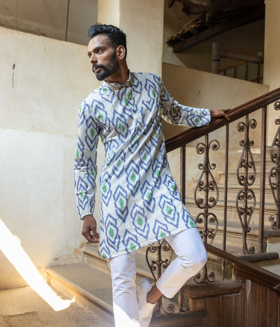 Ikat Blue-Green Arrows Mens Long Kurta