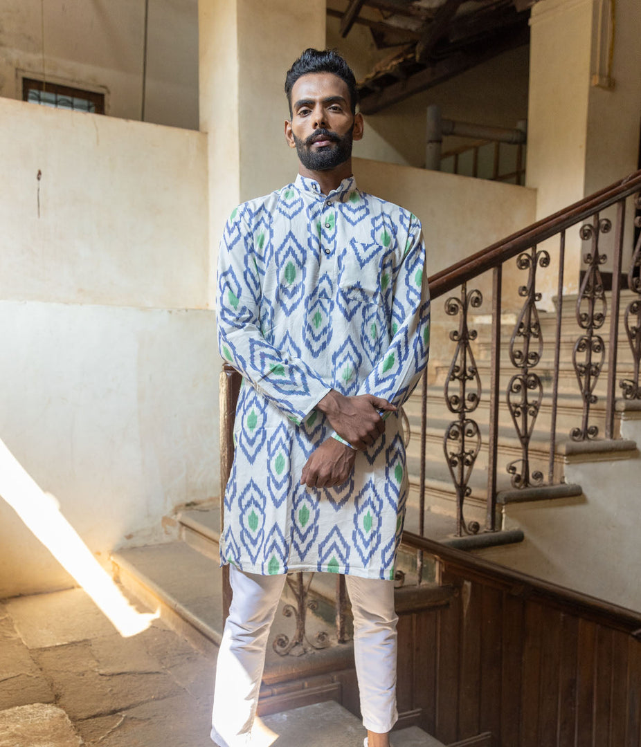 Ikat Blue-Green Arrows Mens Long Kurta