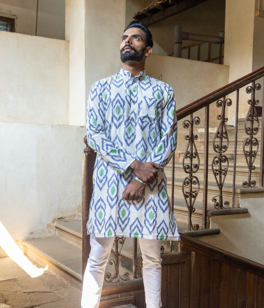 Ikat Blue-Green Arrows Mens Long Kurta