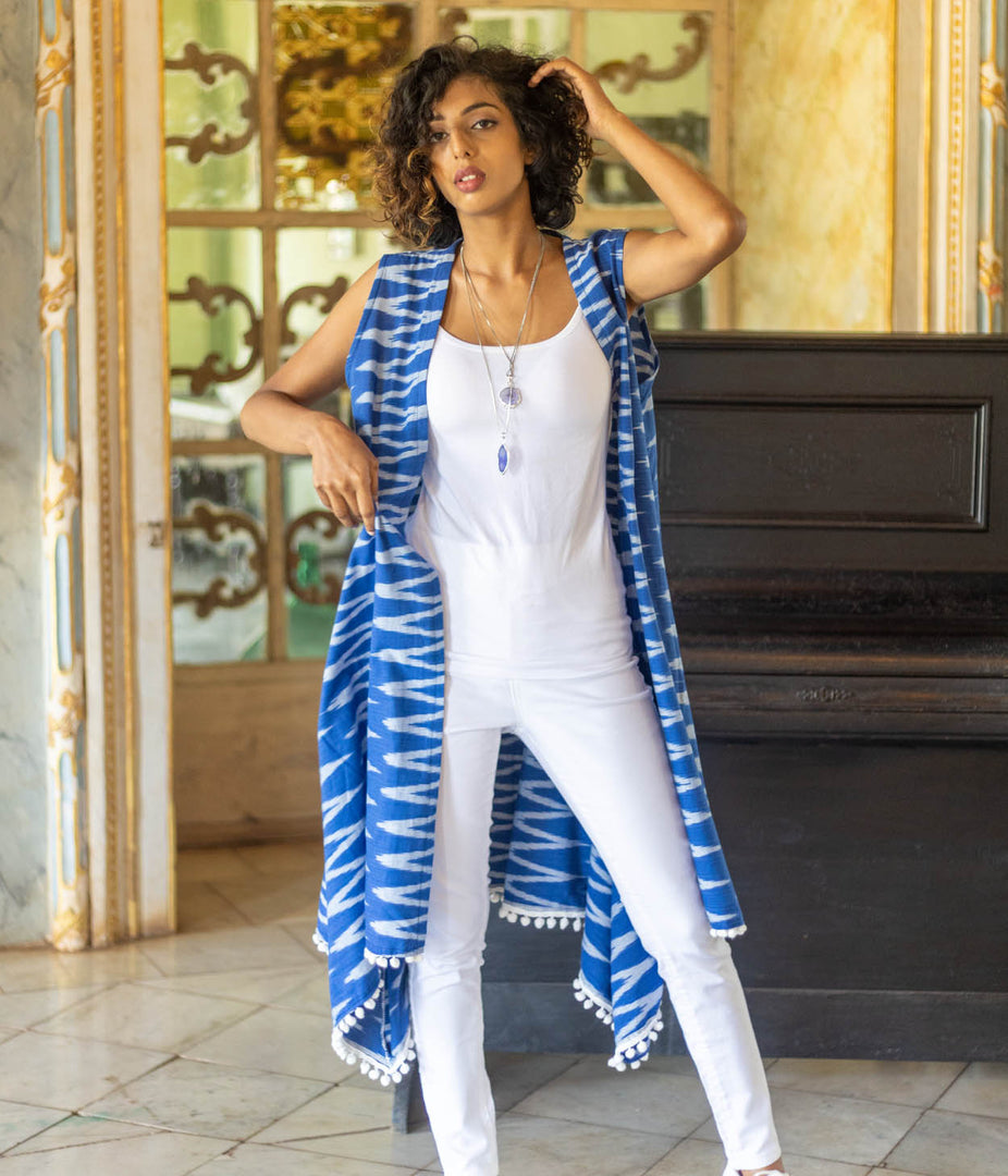 Ikat Blue-White Chevrons Womens Shrug