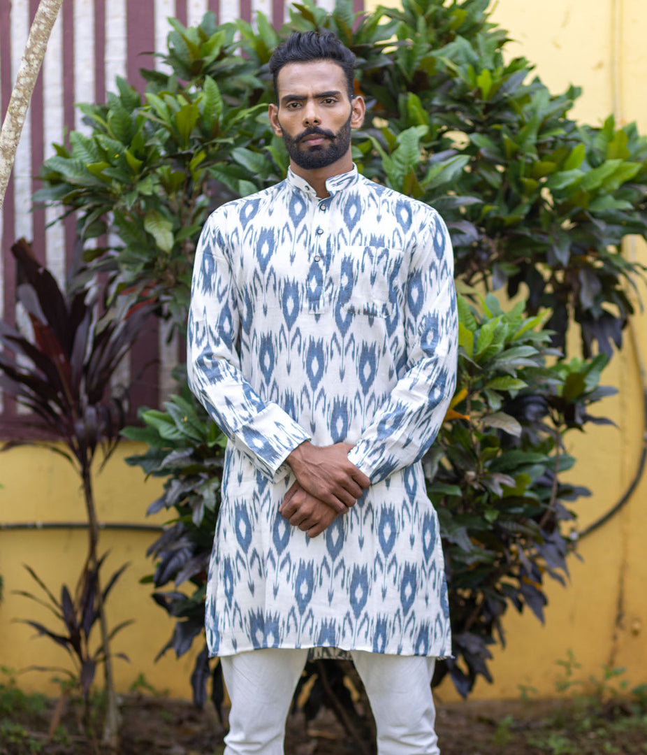 Ikat Blue-White Patterned Mens Long Kurta
