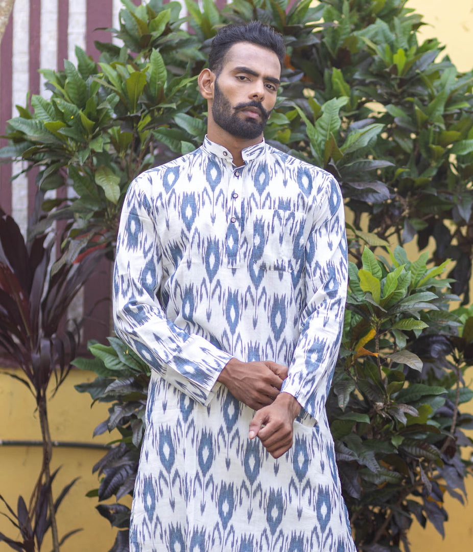 Ikat Blue-White Patterned Mens Long Kurta