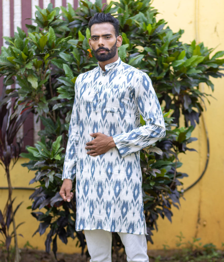 Ikat Blue-White Patterned Mens Long Kurta