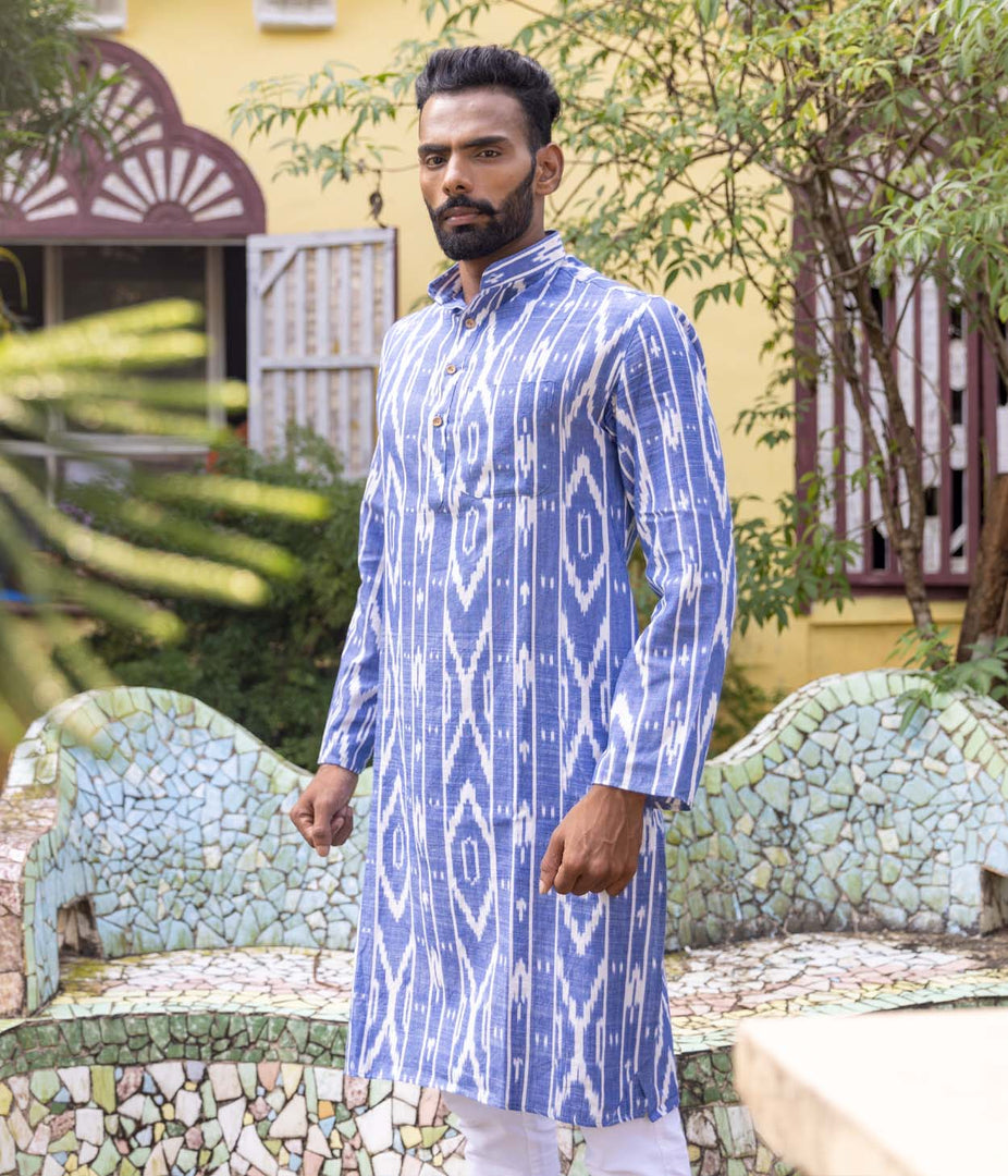 Ikat Blue-White Striped Mens Long Kurta