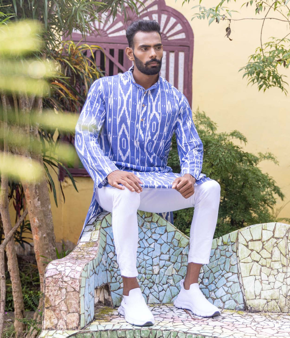 Ikat Blue-White Striped Mens Long Kurta