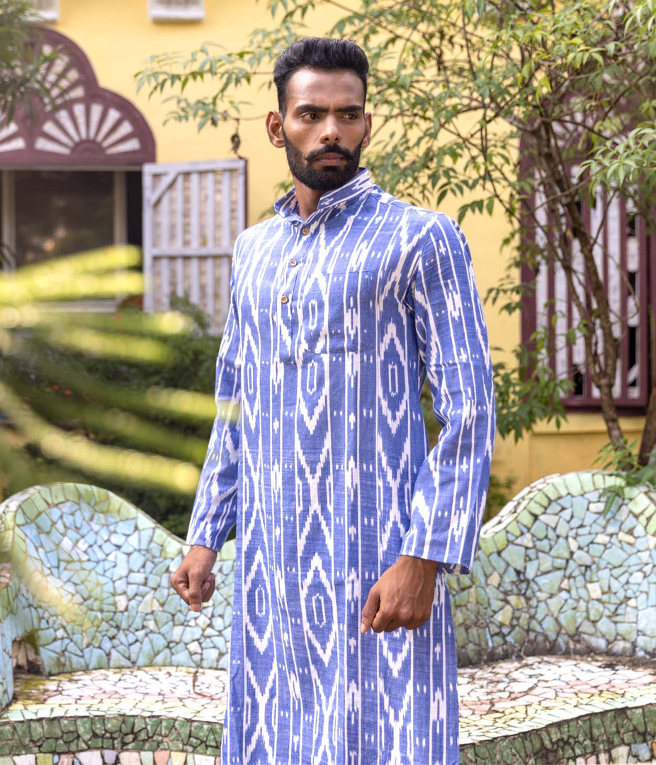 Ikat Blue-White Striped Mens Long Kurta
