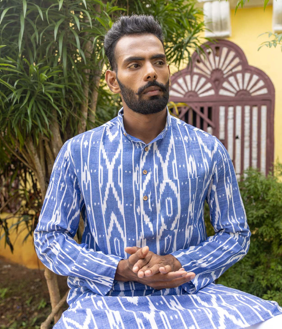 Ikat Blue-White Striped Mens Long Kurta