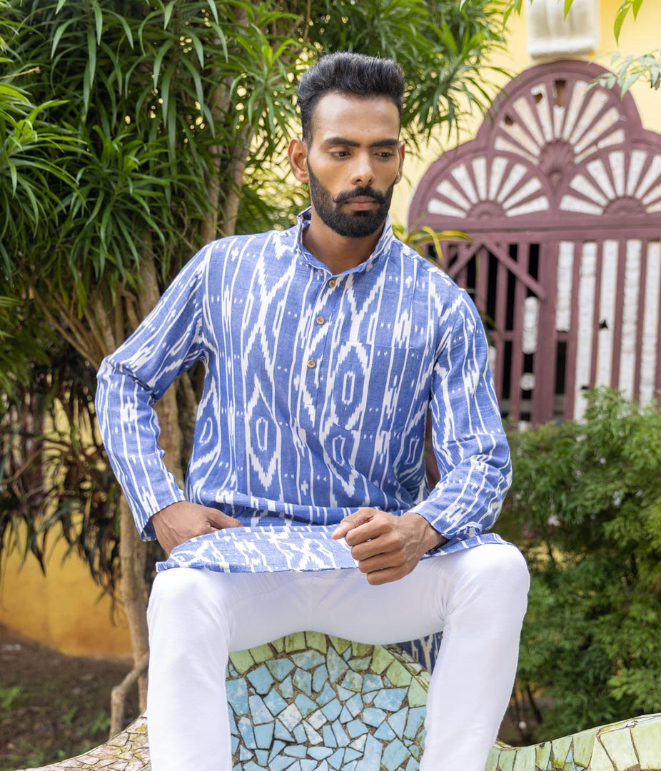 Ikat Blue-White Striped Mens Long Kurta