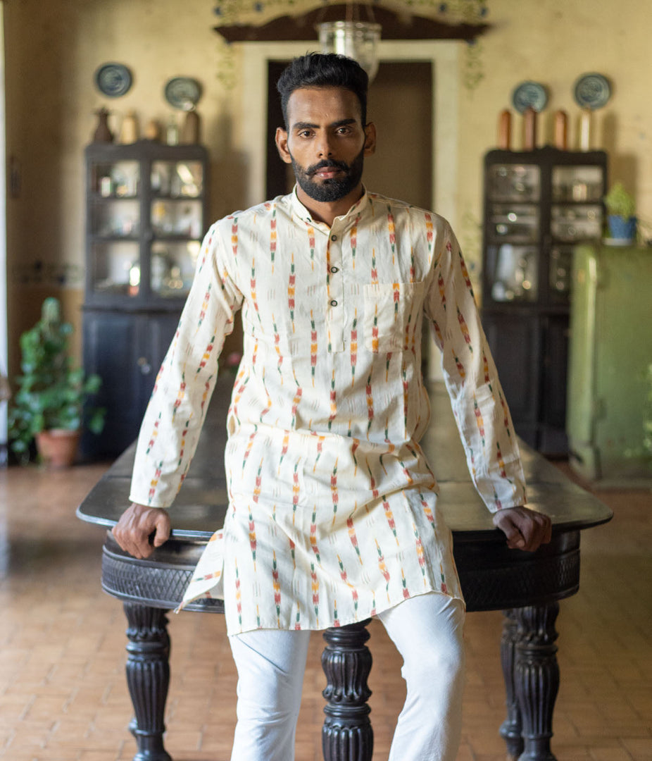 Ikat Cream Multicolor Arrows Mens Long Kurta