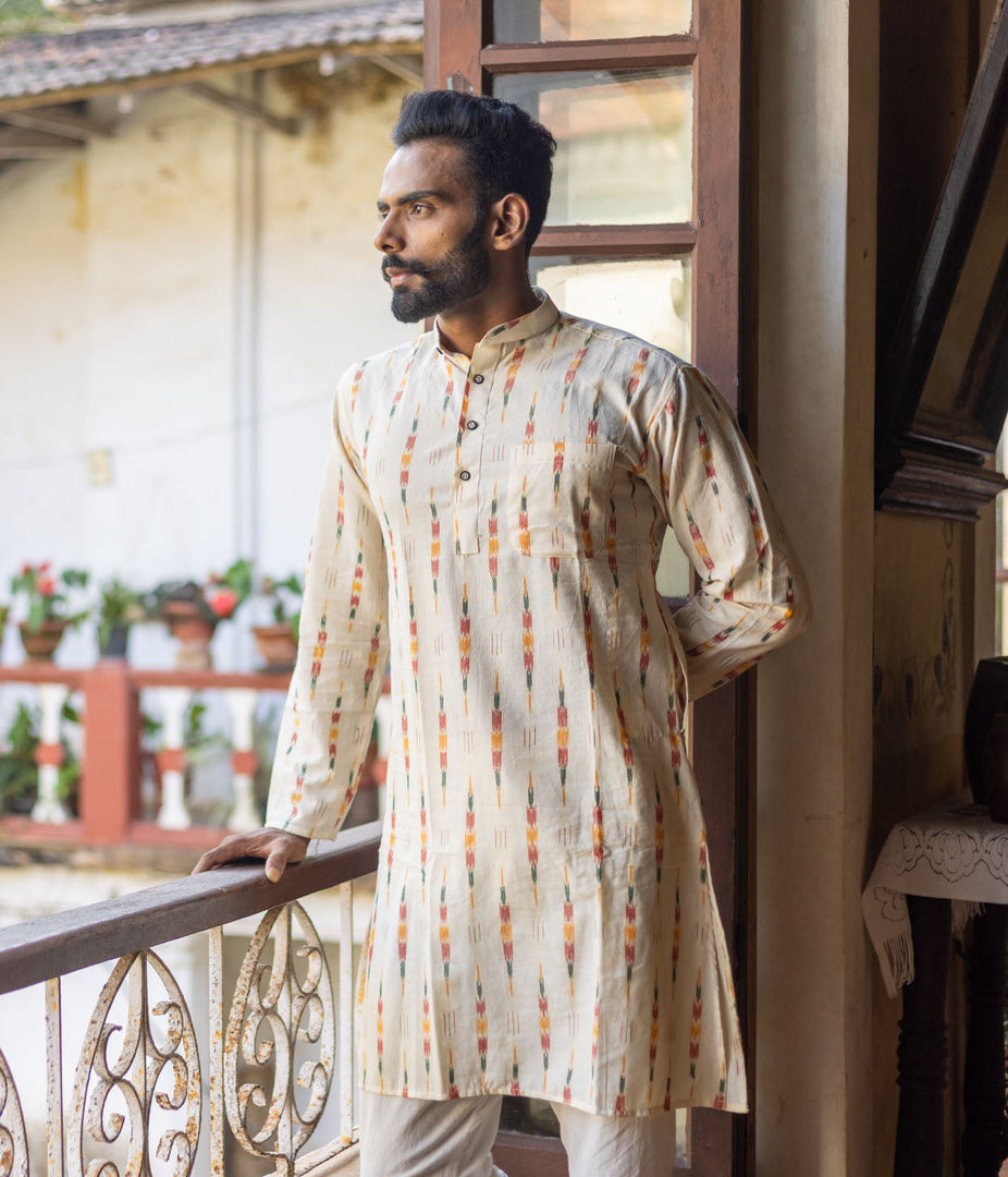 Ikat Cream Multicolor Arrows Mens Long Kurta