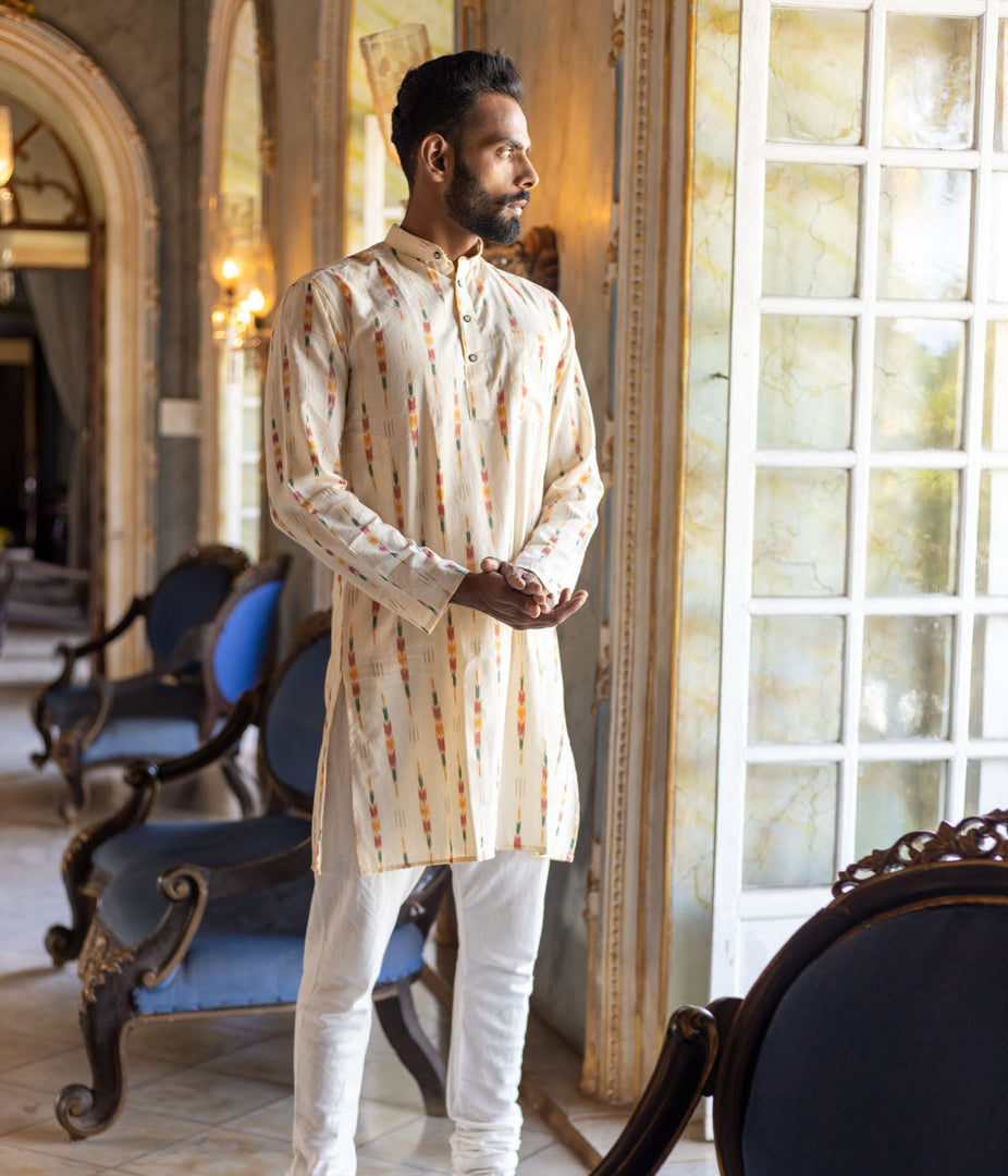 Ikat Cream Multicolor Arrows Mens Long Kurta