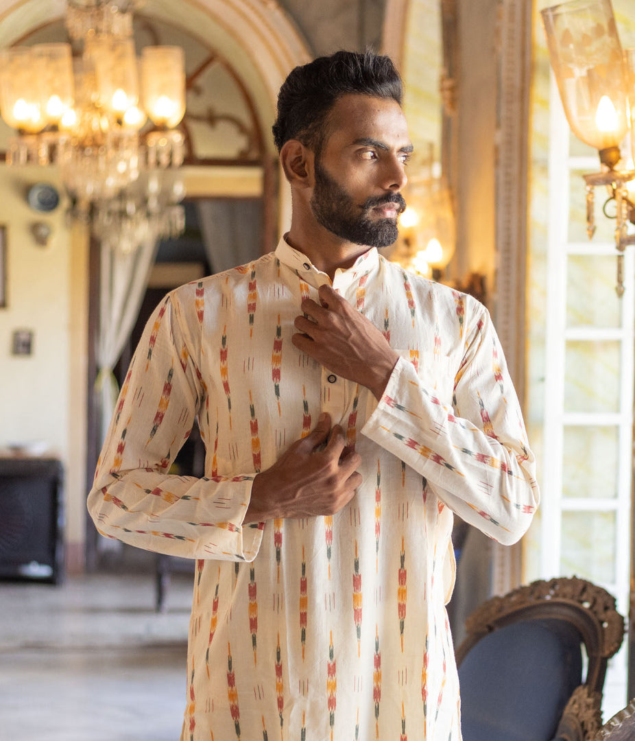 Ikat Cream Multicolor Arrows Mens Long Kurta