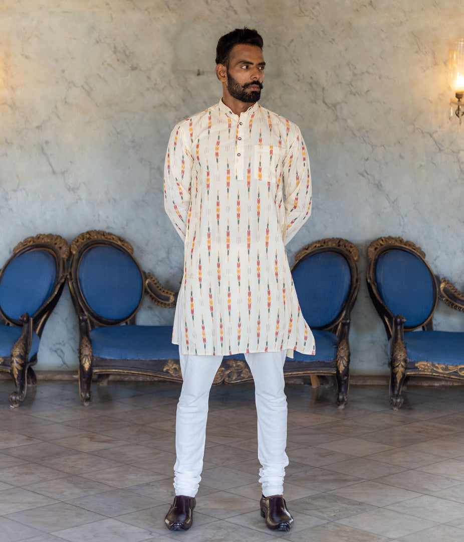 Ikat Cream Multicolor Arrows Mens Long Kurta
