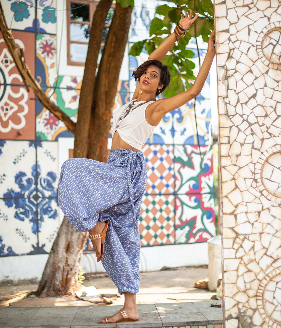 Ikat Denim Blue Patterned Boho Pant