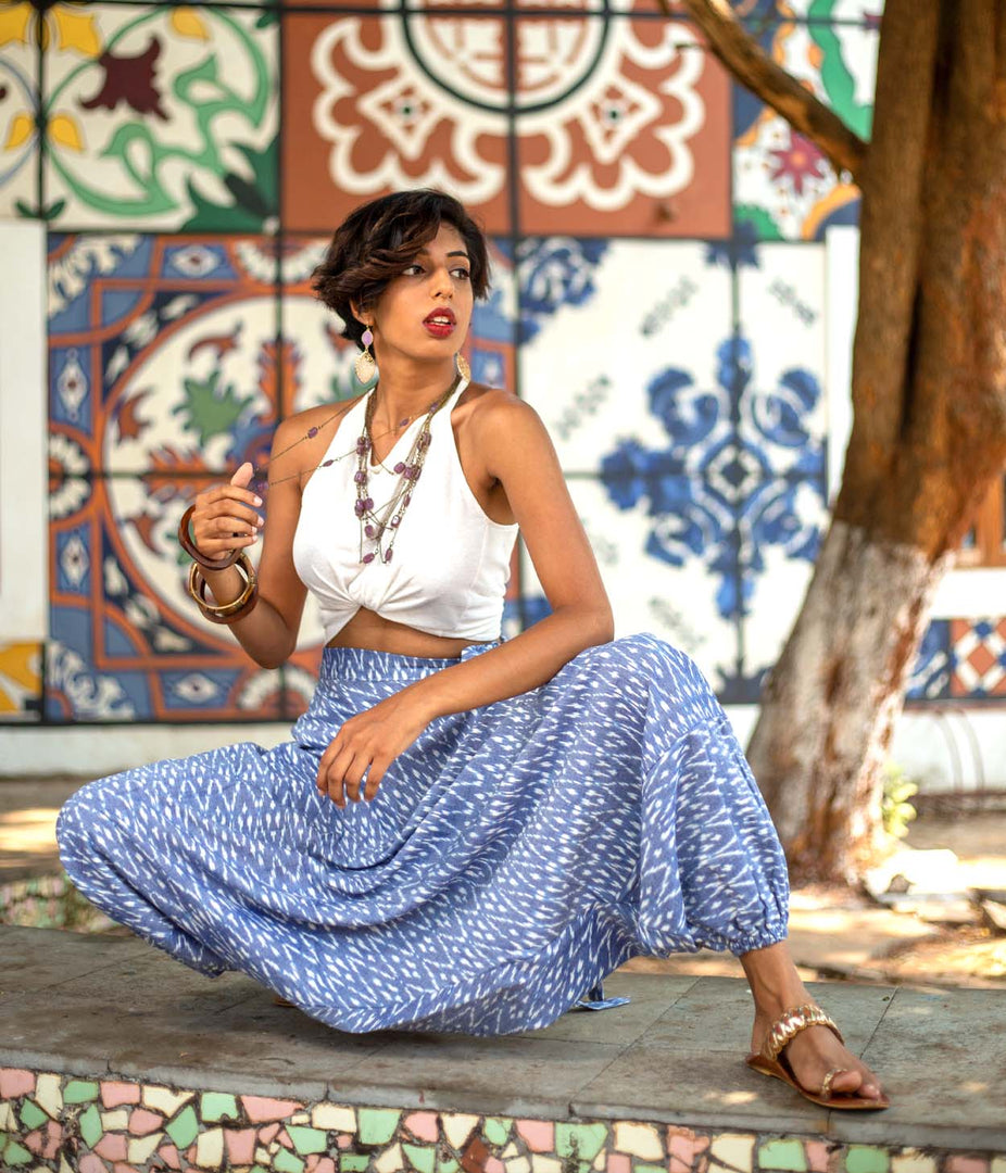 Ikat Denim Blue Patterned Boho Pant