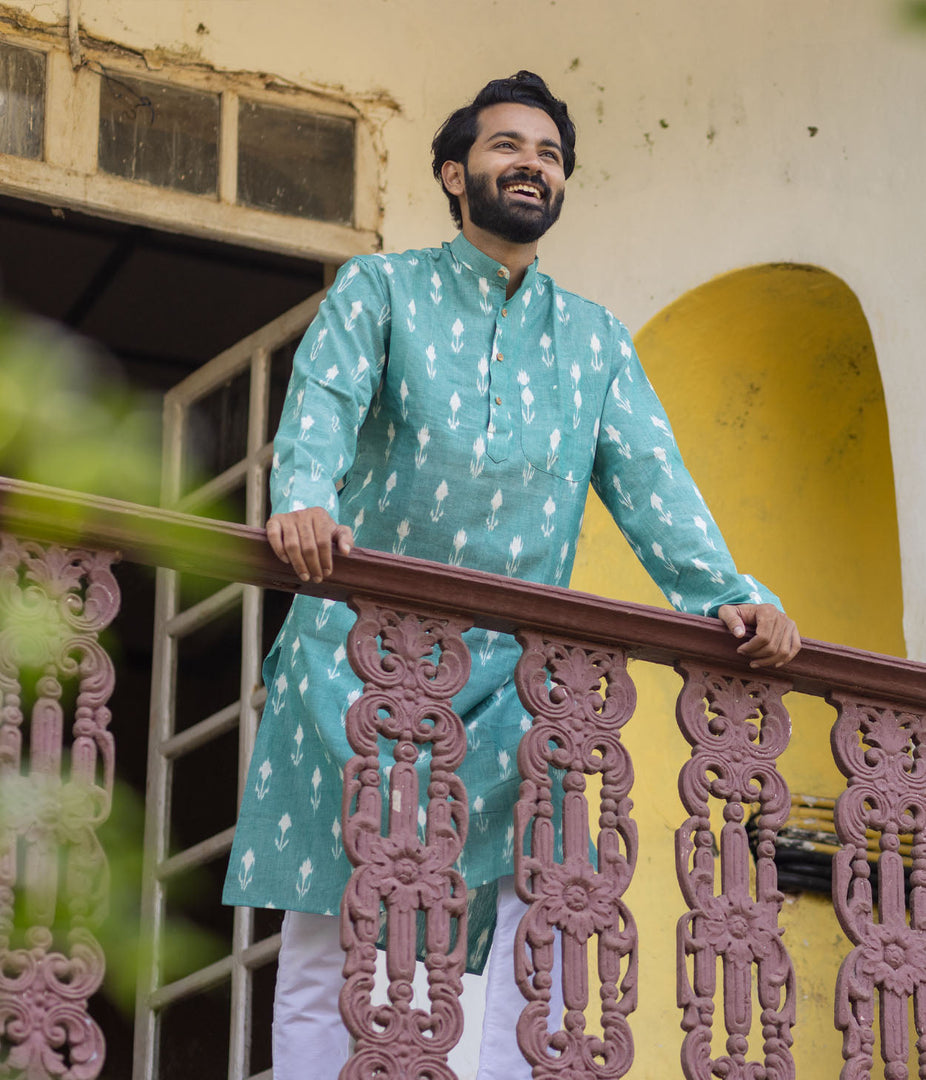 Ikat Green Arrows Mens Long Kurta