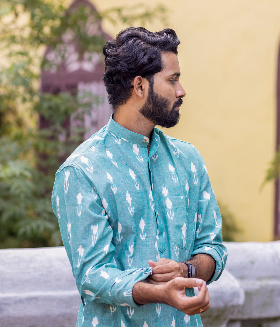 Ikat Green Arrows Mens Long Kurta