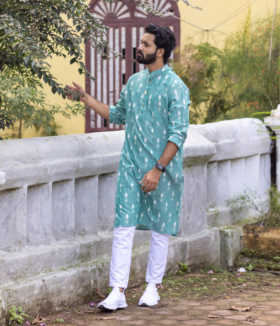 Ikat Green Arrows Mens Long Kurta