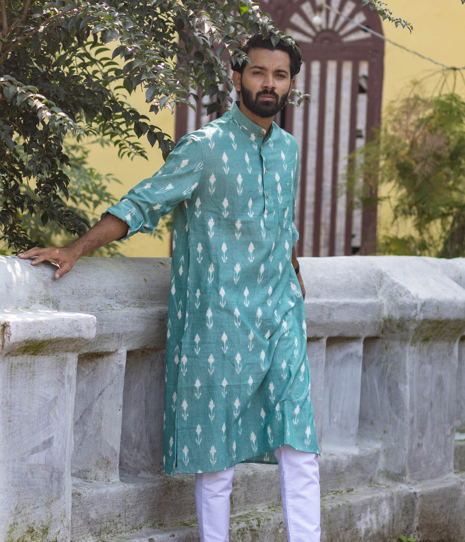 Ikat Green Arrows Mens Long Kurta
