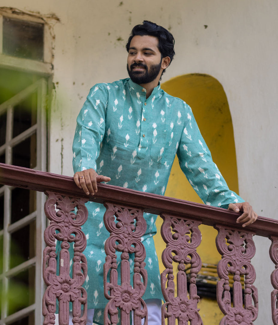 Ikat Green Arrows Mens Long Kurta