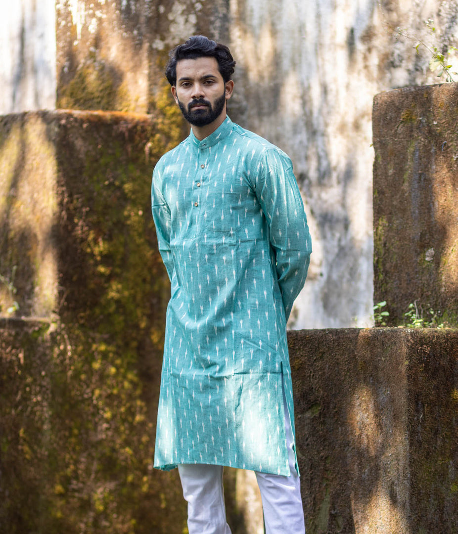 Ikat Green Patterned Mens Long Kurta