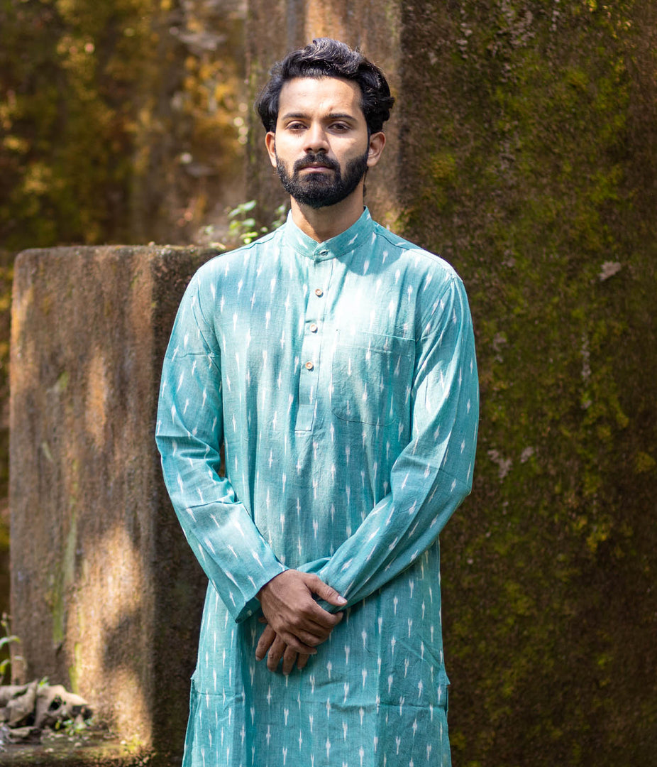 Ikat Green Patterned Mens Long Kurta