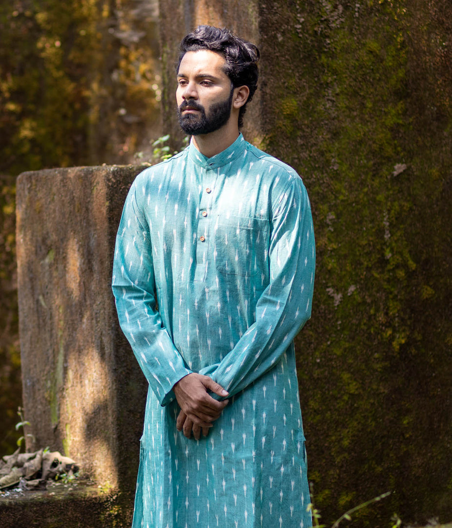 Ikat Green Patterned Mens Long Kurta