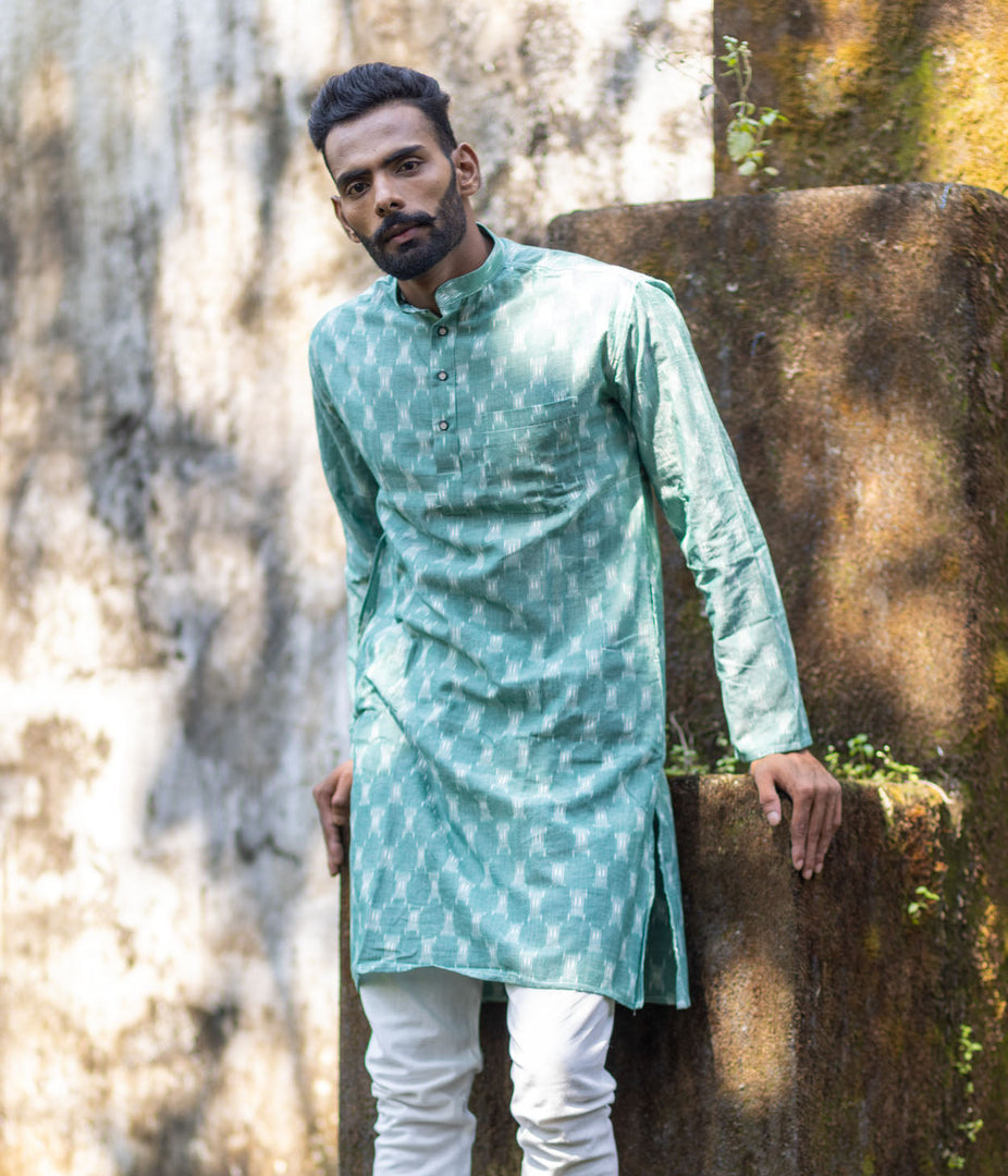 Ikat Green Patterned Mens Long Kurta