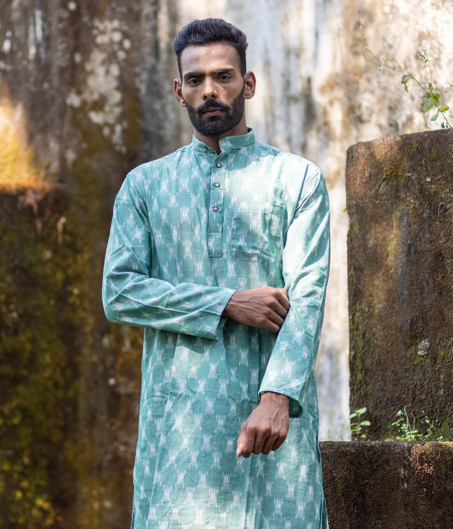 Ikat Green Patterned Mens Long Kurta