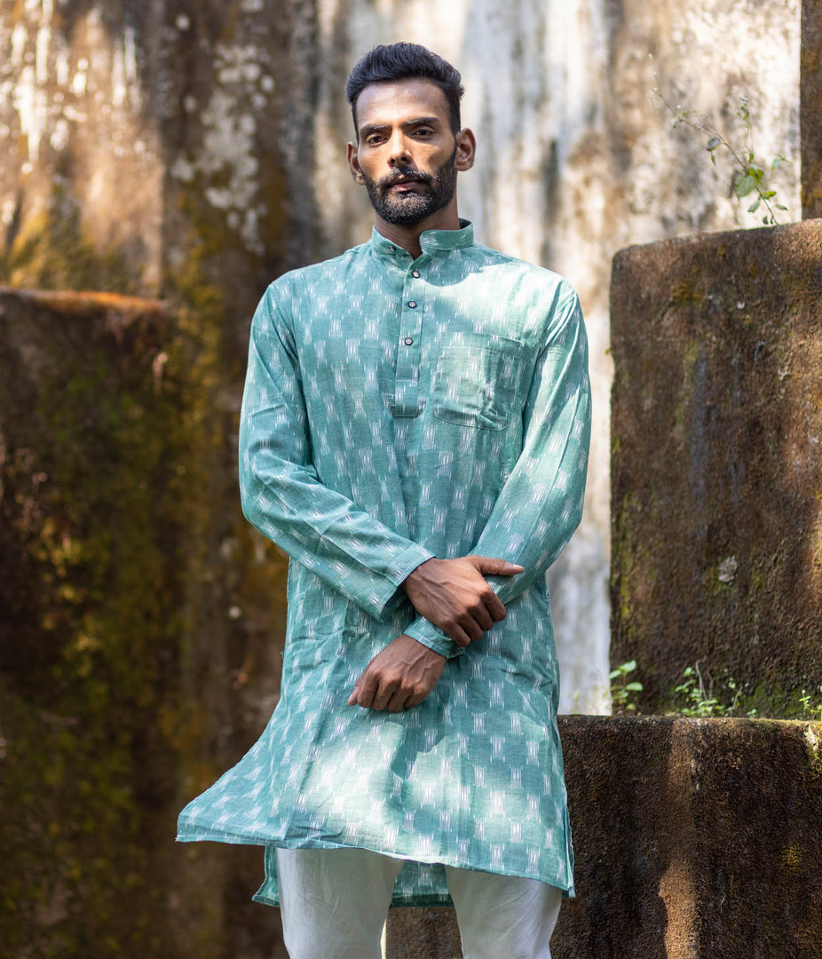 Ikat Green Patterned Mens Long Kurta