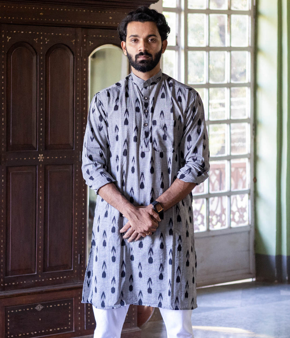 Ikat Grey-Black Arrows Mens Long Kurta
