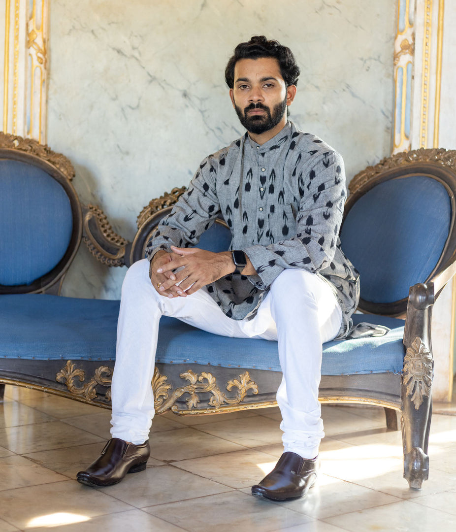 Ikat Grey-Black Arrows Mens Long Kurta