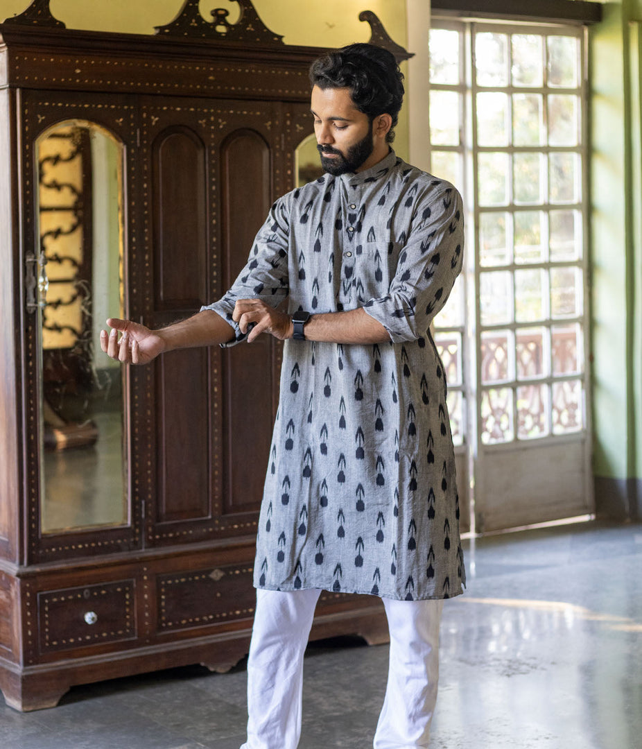 Ikat Grey-Black Arrows Mens Long Kurta
