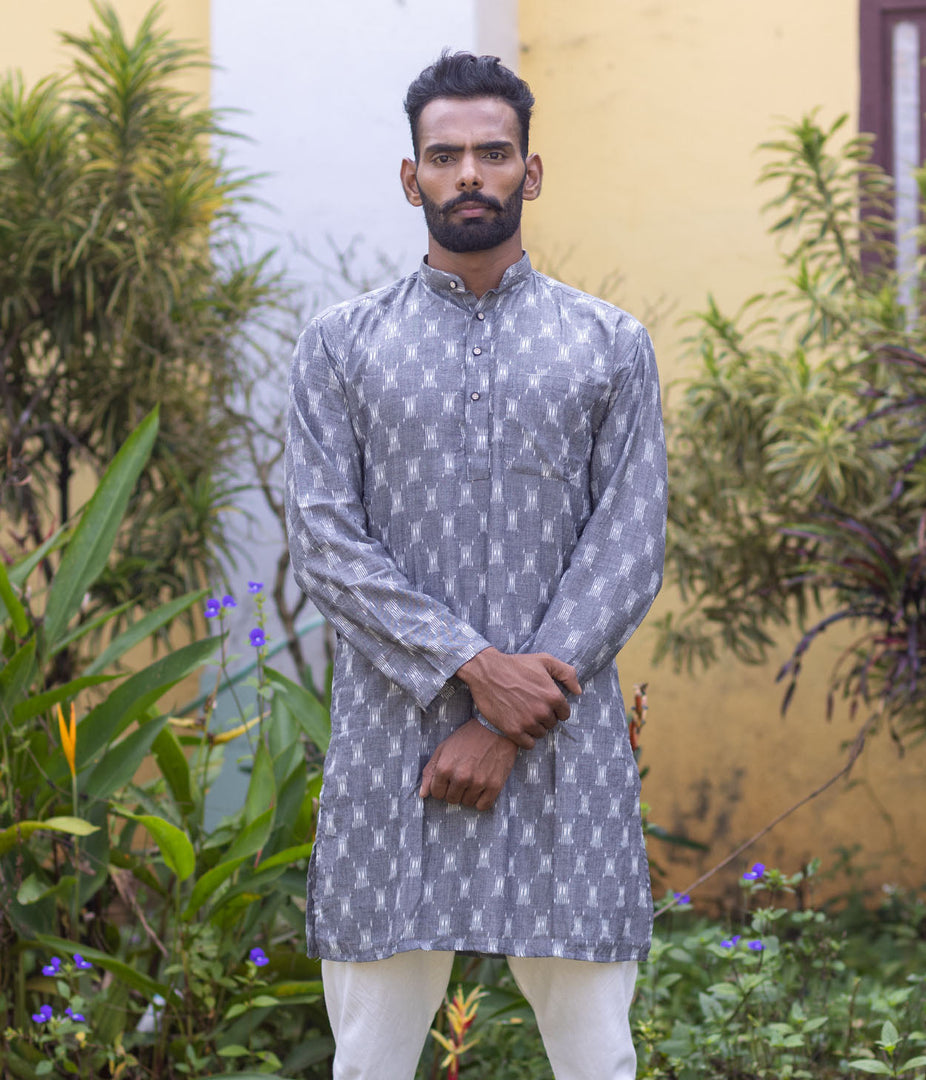 Ikat Grey Patterned Mens Long Kurta